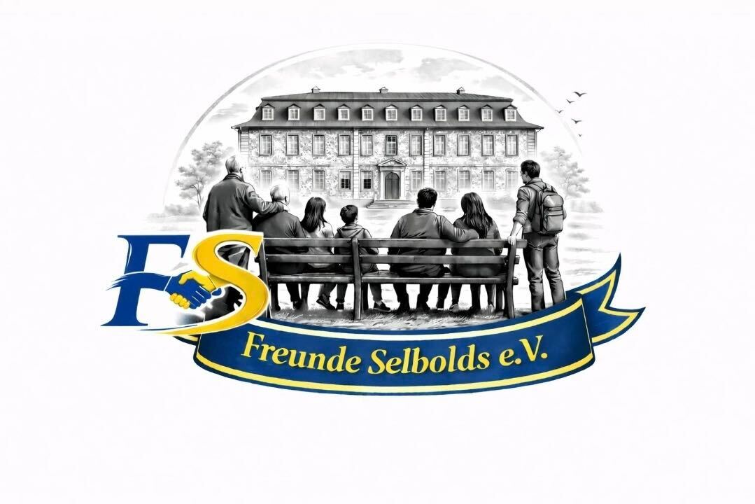 Illustration des Schlosses Langenselbold mit Menschen auf einer Bank vor dem Schloss, Logo 'FS' mit Händedruck und Schriftzug 'Freunde Selbolds e.V.'
